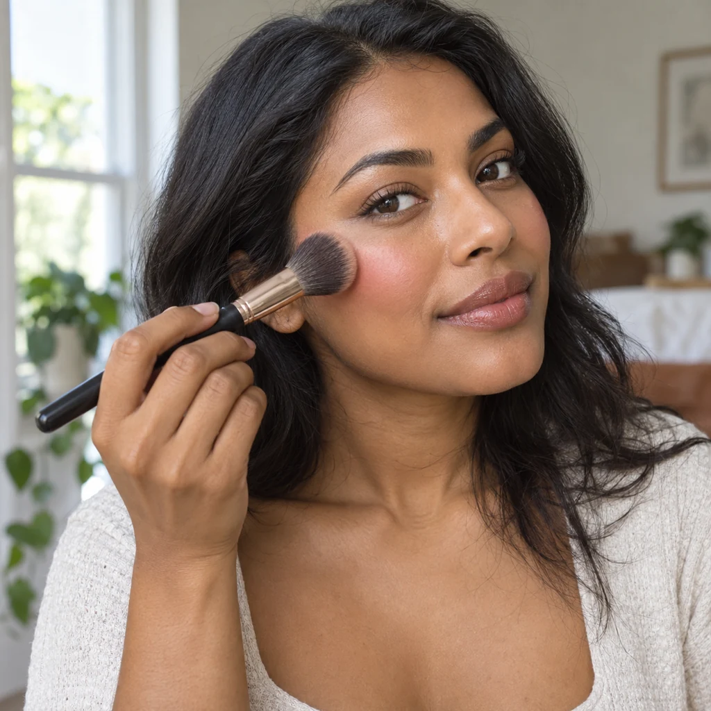 Adult blending a soft cream blush high on the cheek with a makeup brush