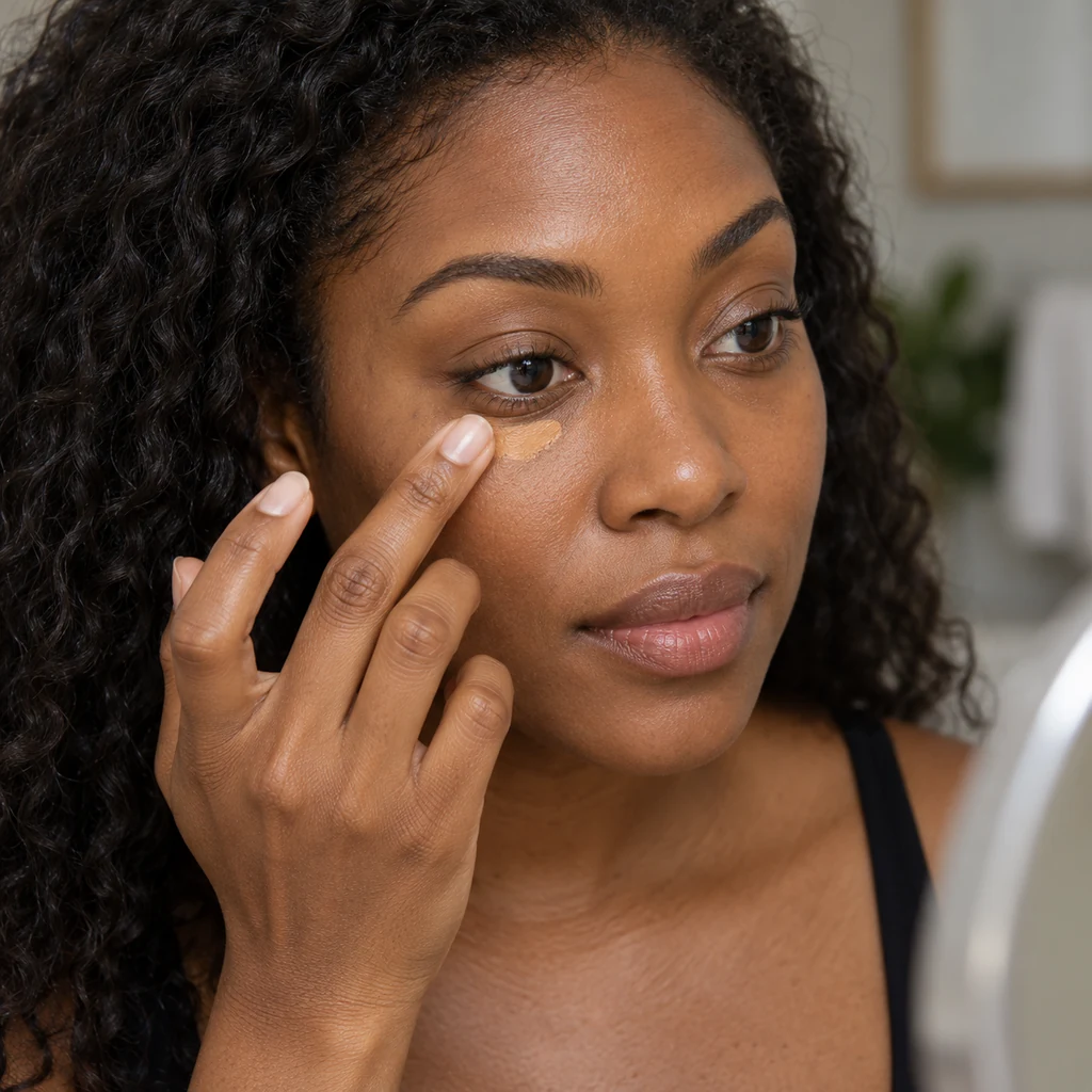 Adult lightly blending a small concealer dot beneath one eye with a clean fingertip
