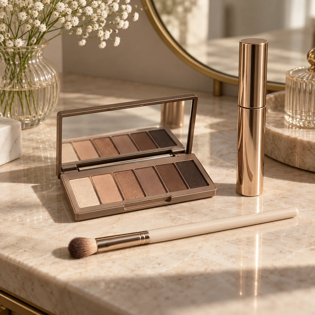 Clean eye brush, neutral shadow palette and closed mascara tube on a vanity