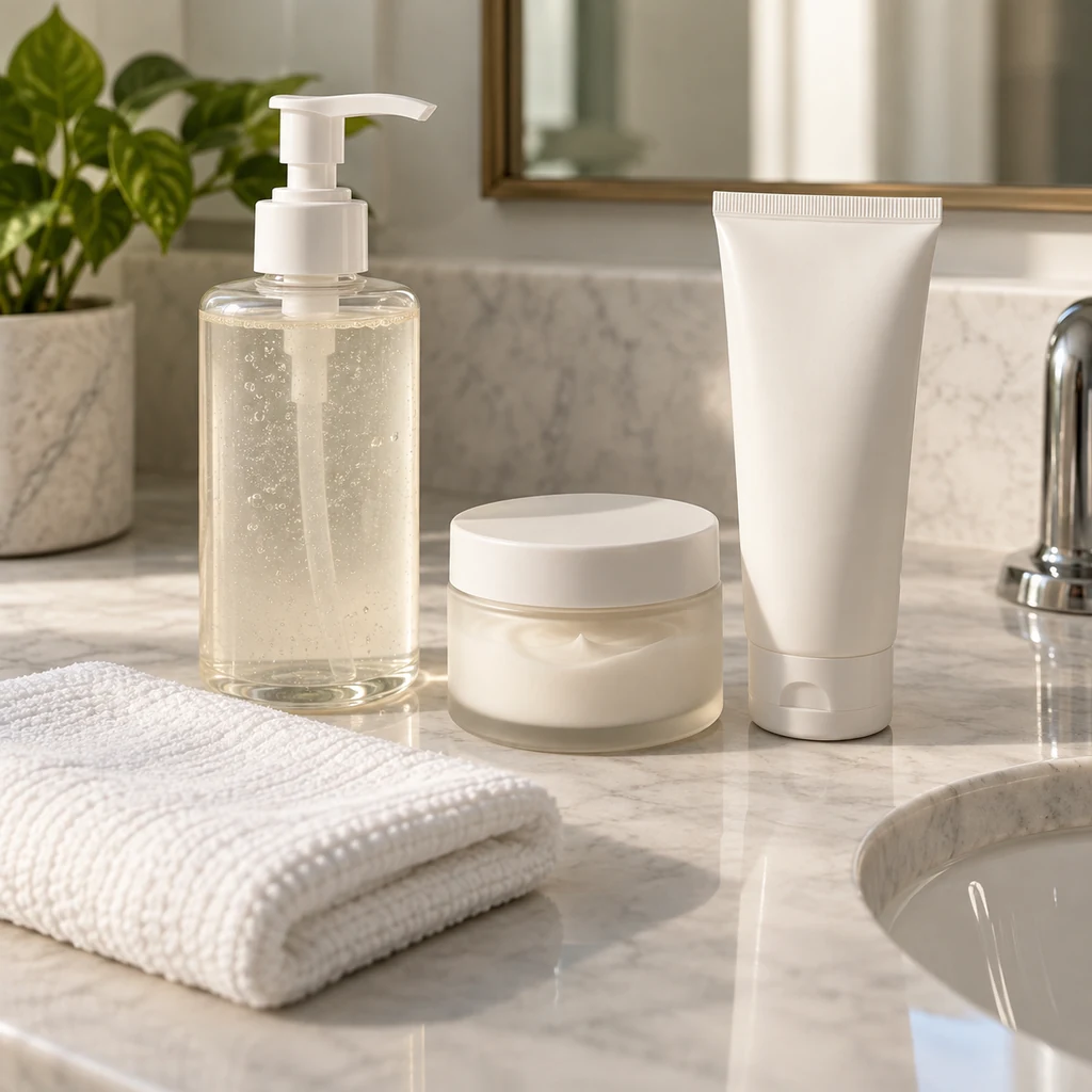 Simple cleanser, moisturizer and unbranded sunscreen arranged on a bathroom counter