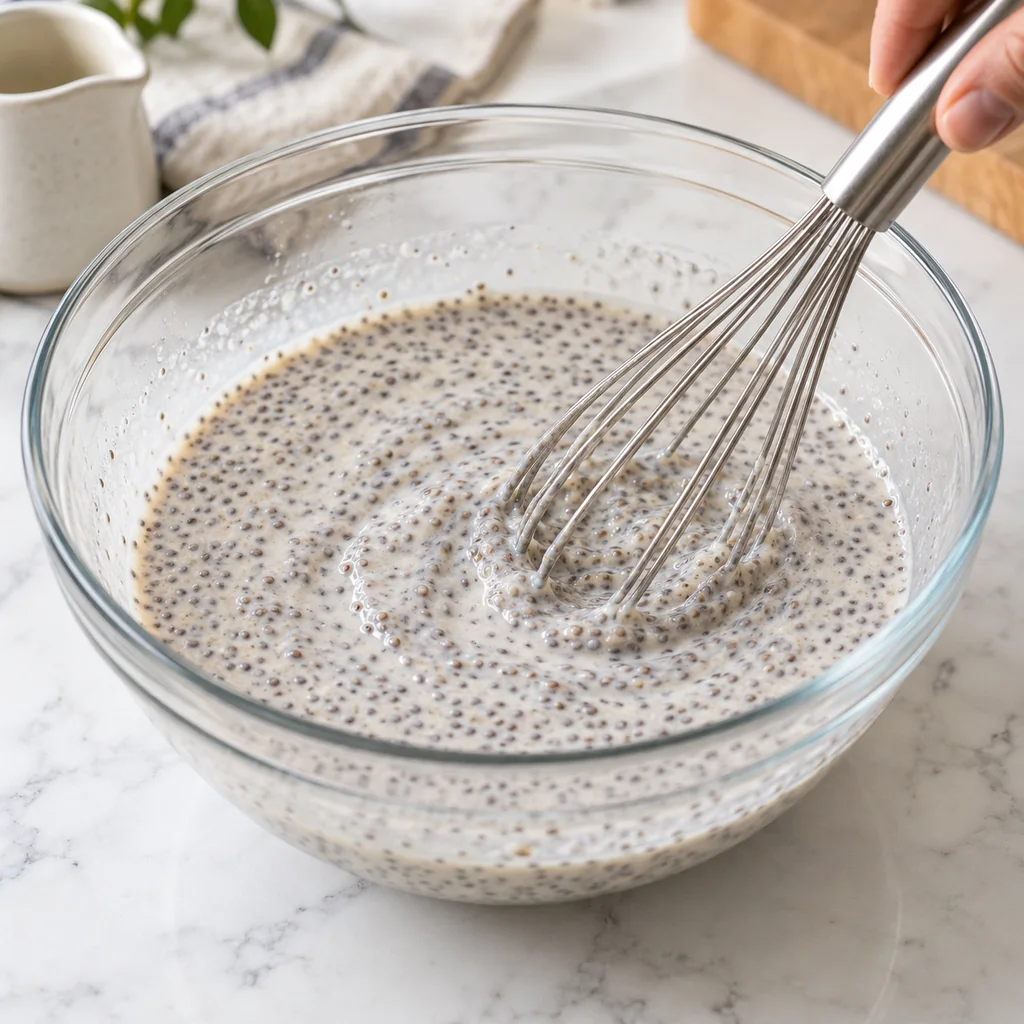 Partially thickened coconut chia pudding being stirred after resting