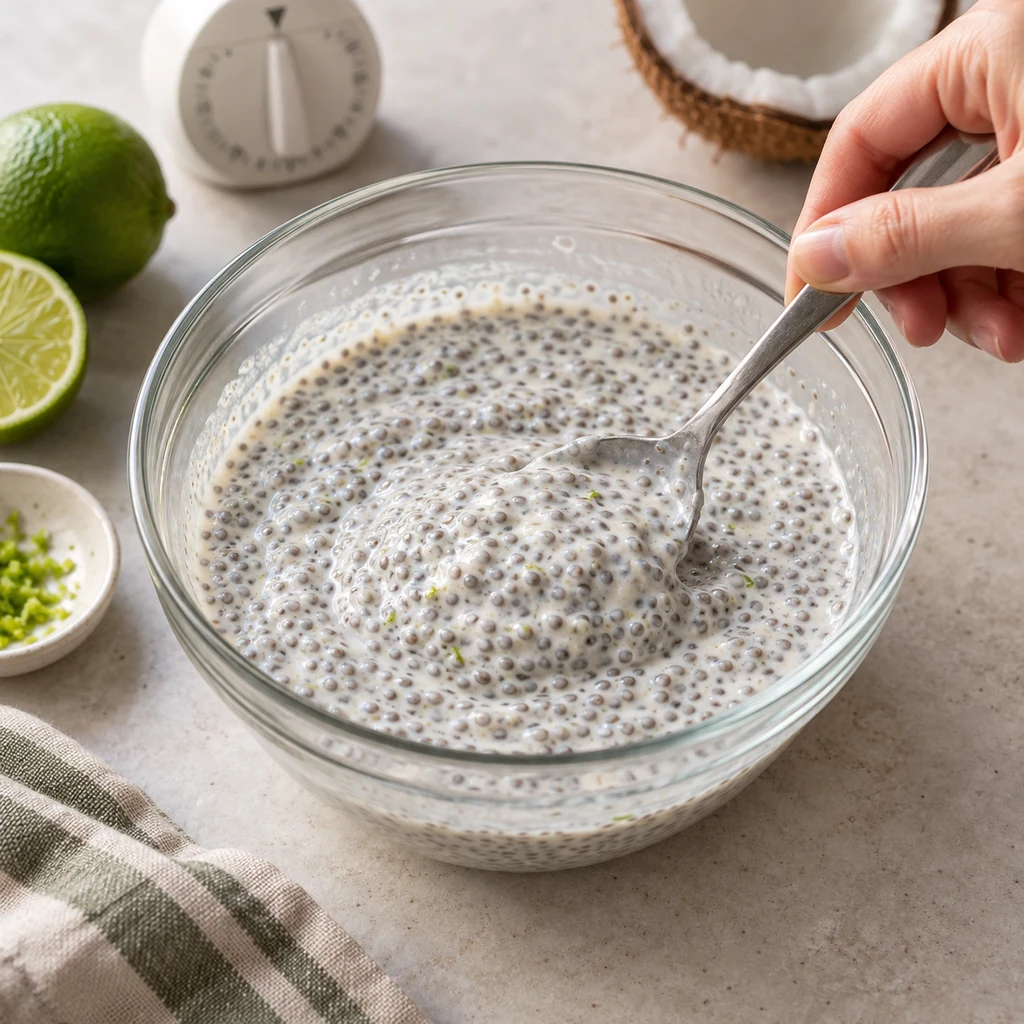 Partially thickened coconut lime chia pudding being stirred with a spoon