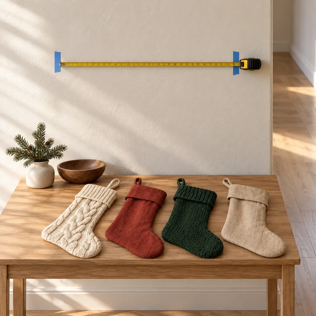 Four empty Christmas stockings on a narrow console below a taped wall measurement for a peg rail