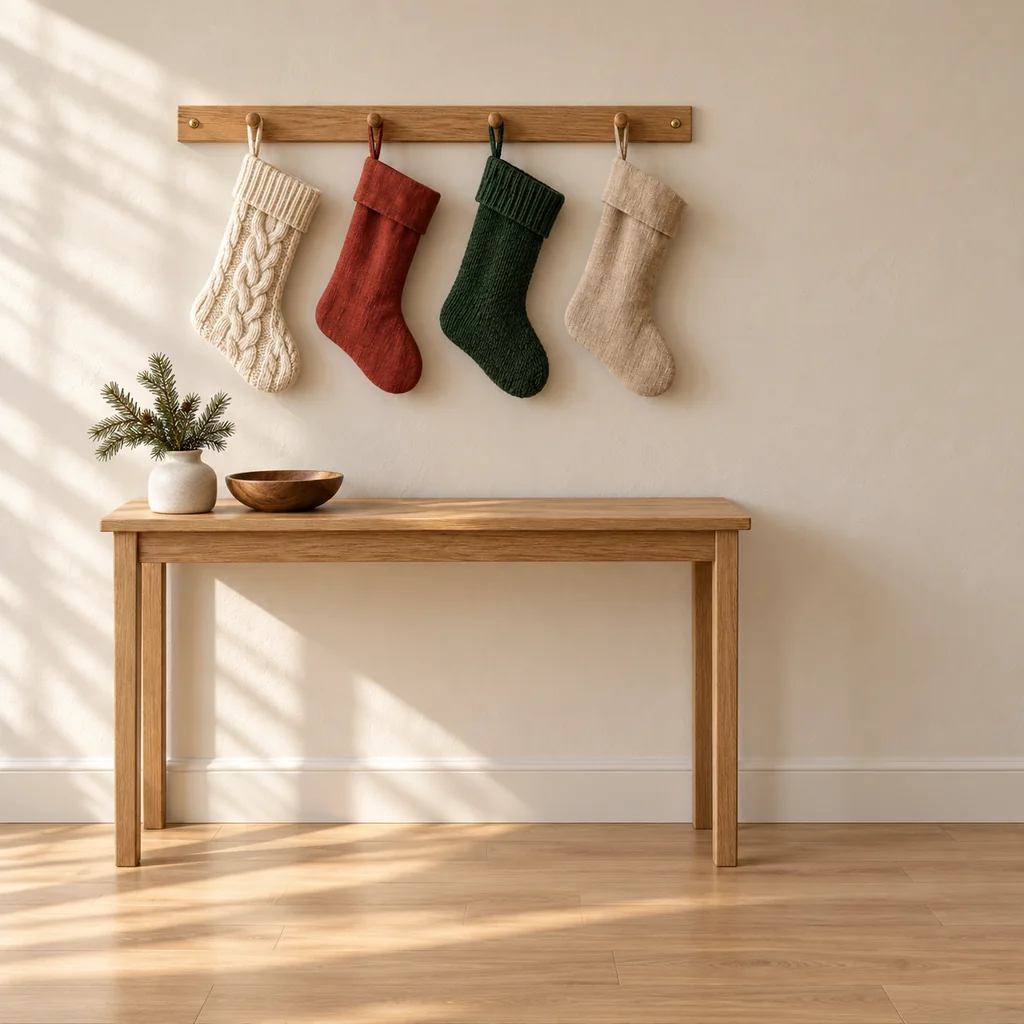 Finished four-stocking peg rail display over a narrow console with clear floor and walking space
