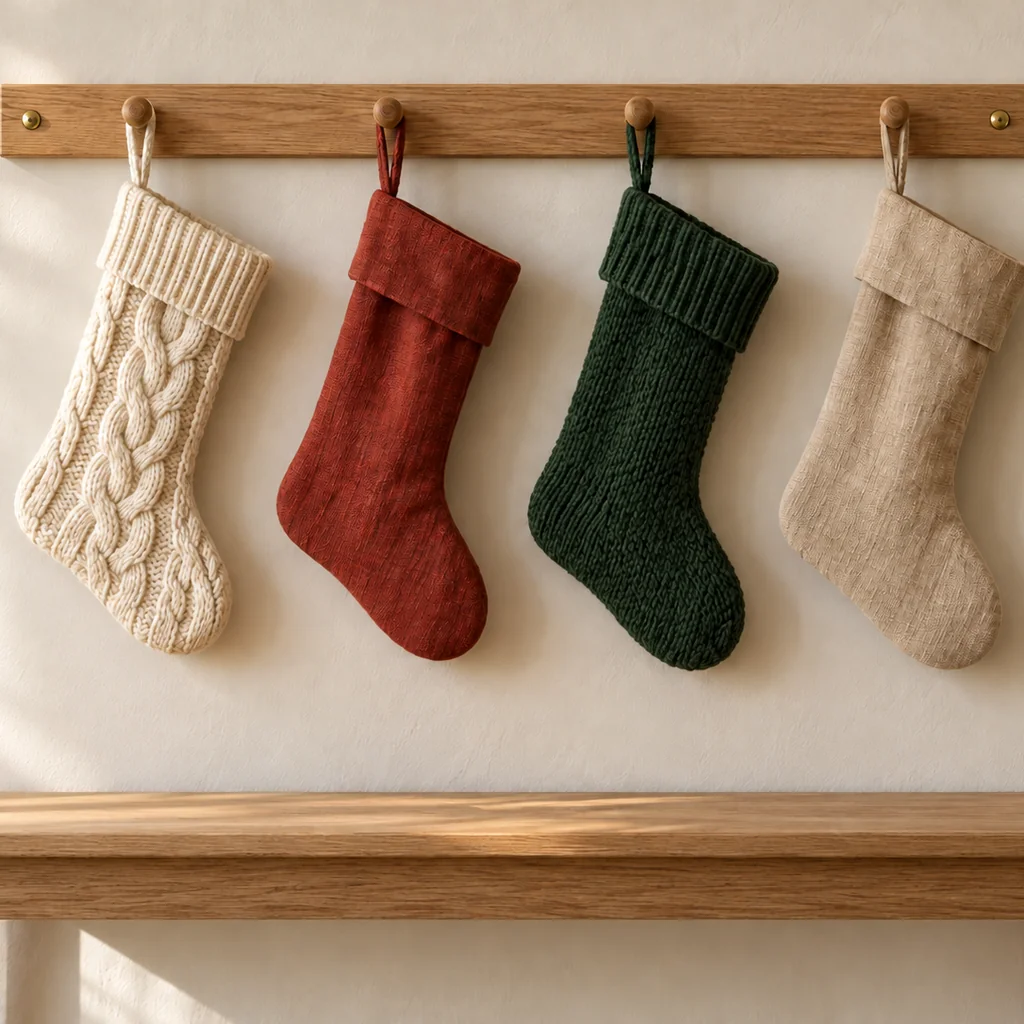Four empty cream, rust, green, and beige stockings hanging separately from an oak peg rail