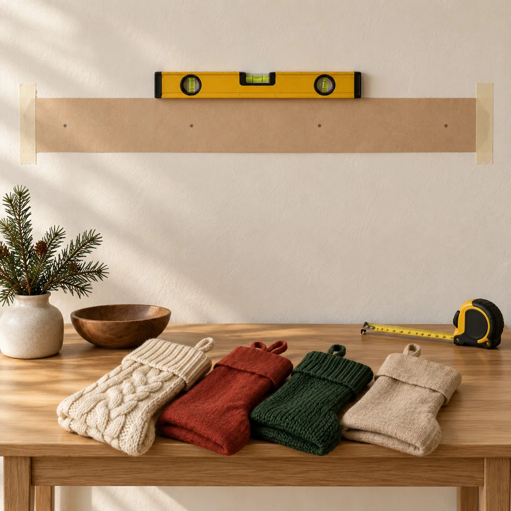 Level paper template with four evenly spaced peg marks above folded Christmas stockings