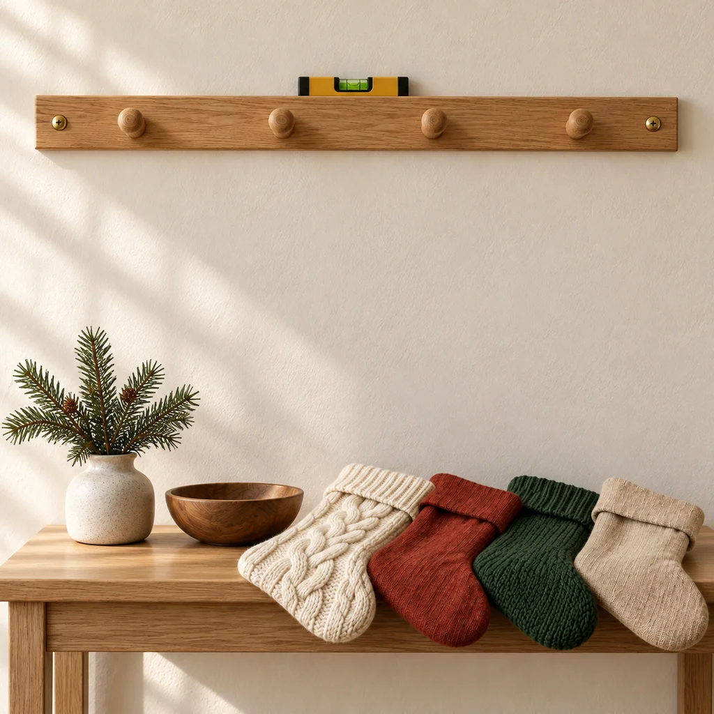 Bare four-peg oak wall rail with visible mounting screws and a level before stockings are hung