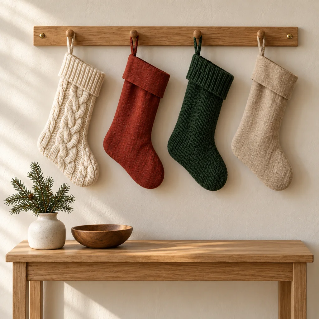 Four stockings above a lightly styled oak console with faux greenery and a wooden bowl