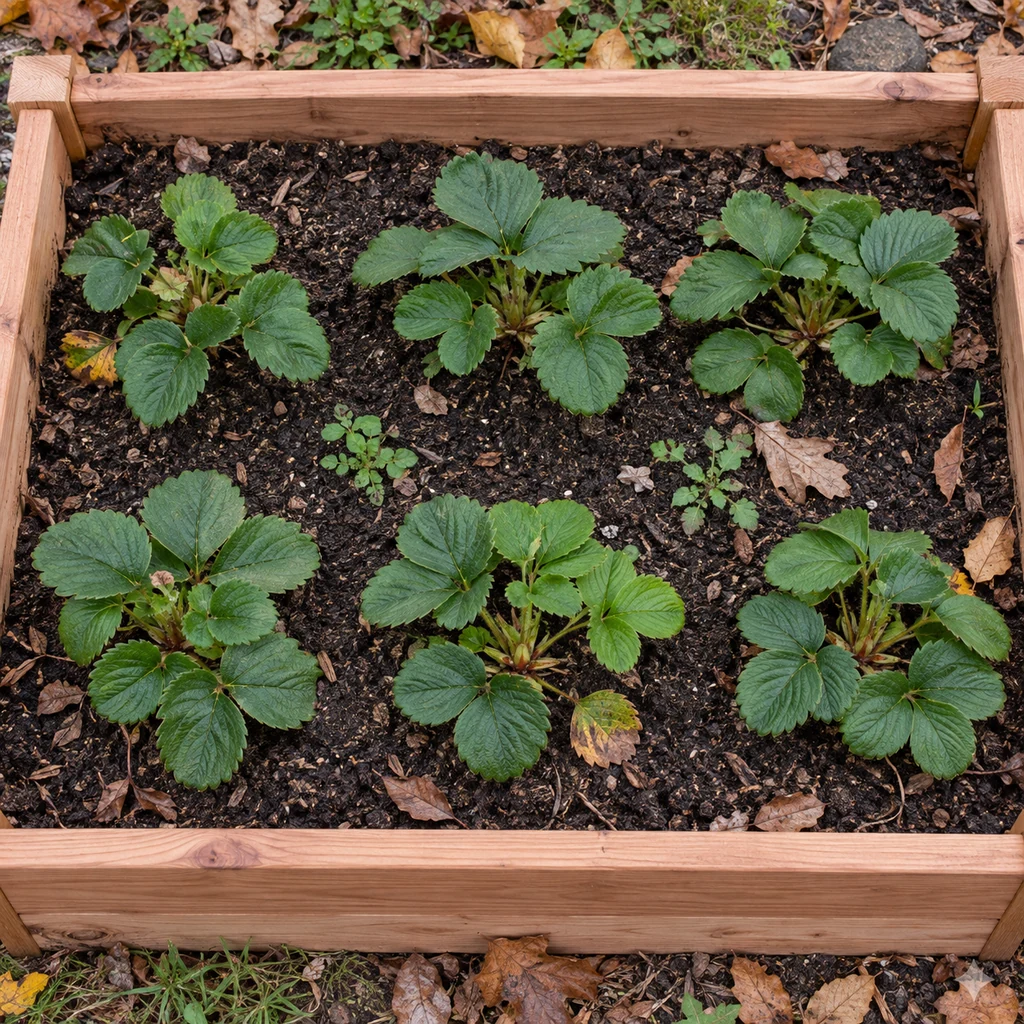 Uncovered raised strawberry bed with six plants, visible crowns, and a few weeds before winter cleanup