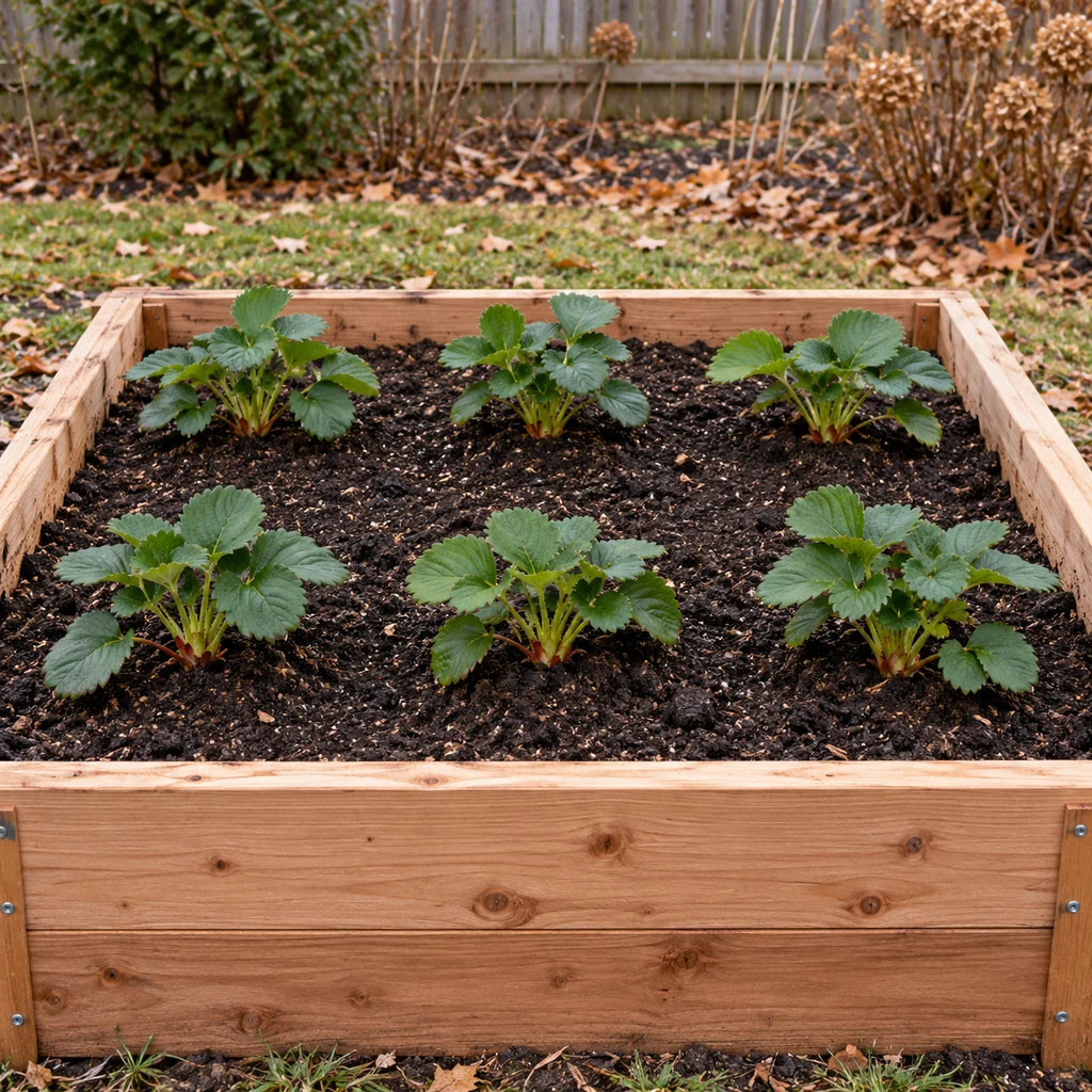 Raised strawberry bed after weeds and fallen debris are removed while healthy leaves remain