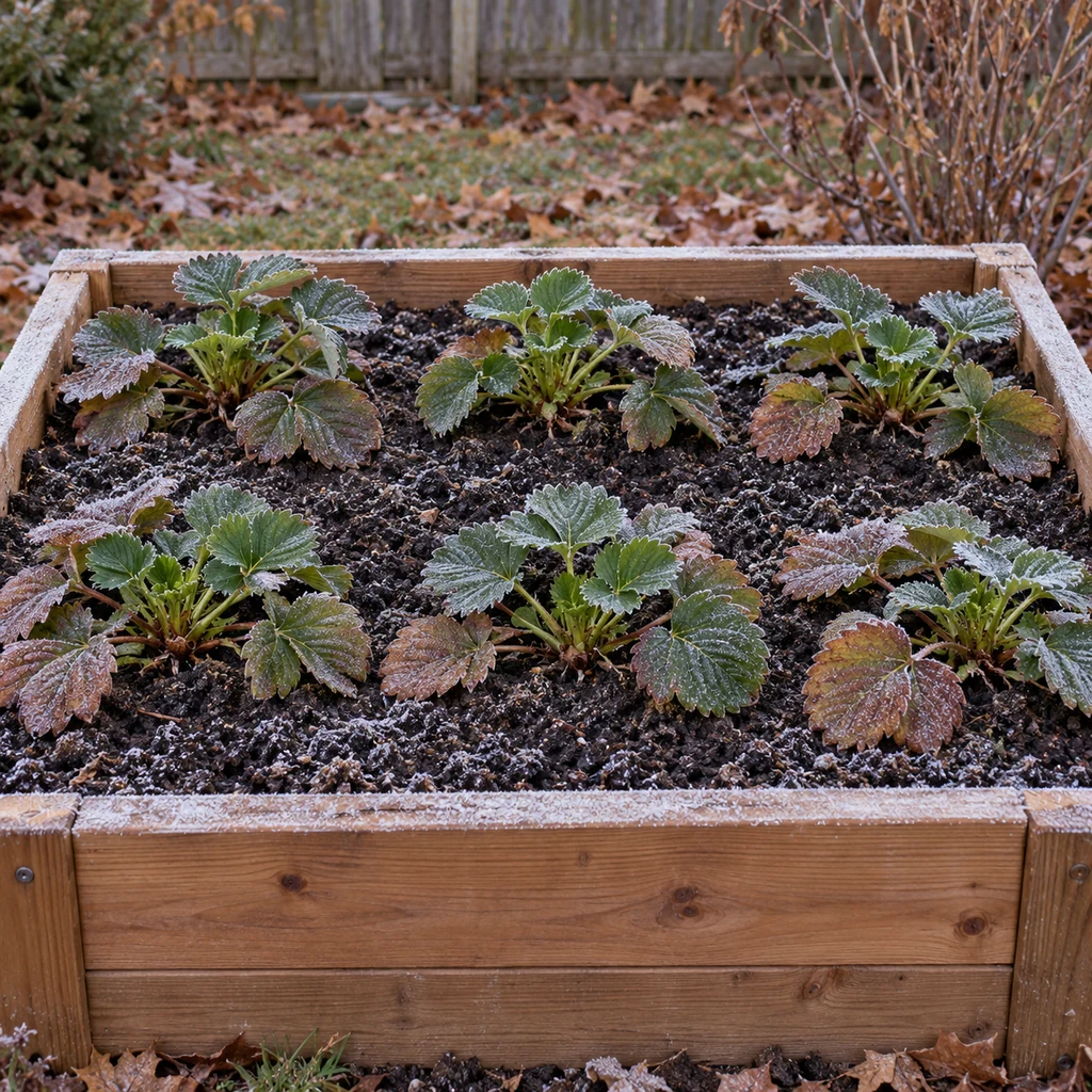 Frost-touched strawberry leaves in a raised bed with live centers and no winter straw yet