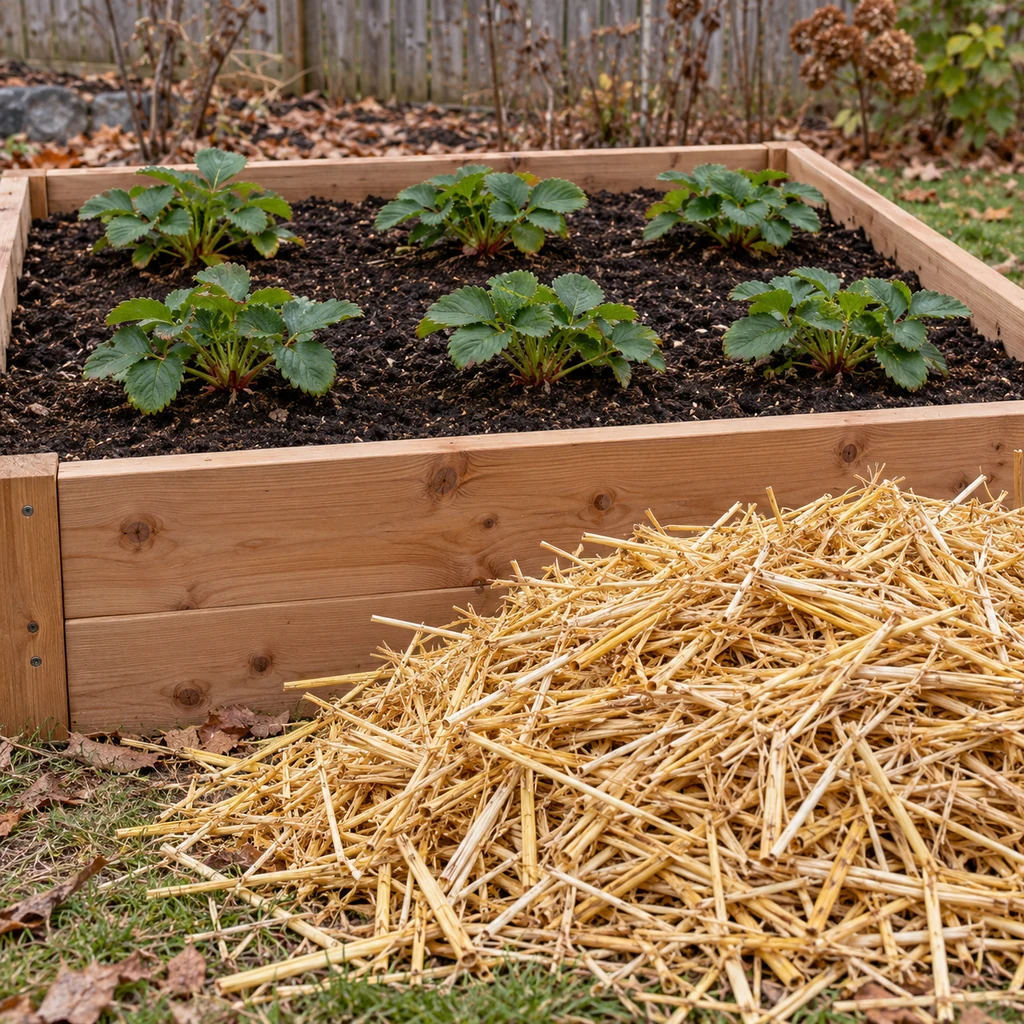 Loose clean golden straw beside the strawberry bed with individual stems visible