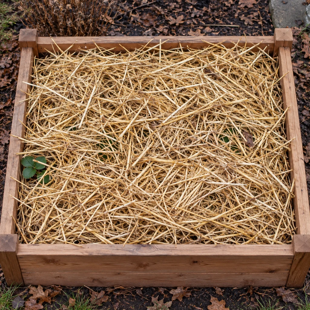 Strawberry bed covered with a loose, even winter layer of golden straw