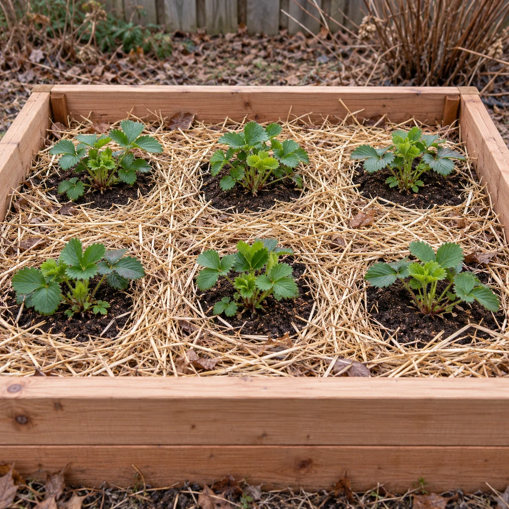 Spring strawberry bed with new green leaves exposed and winter straw moved between rows