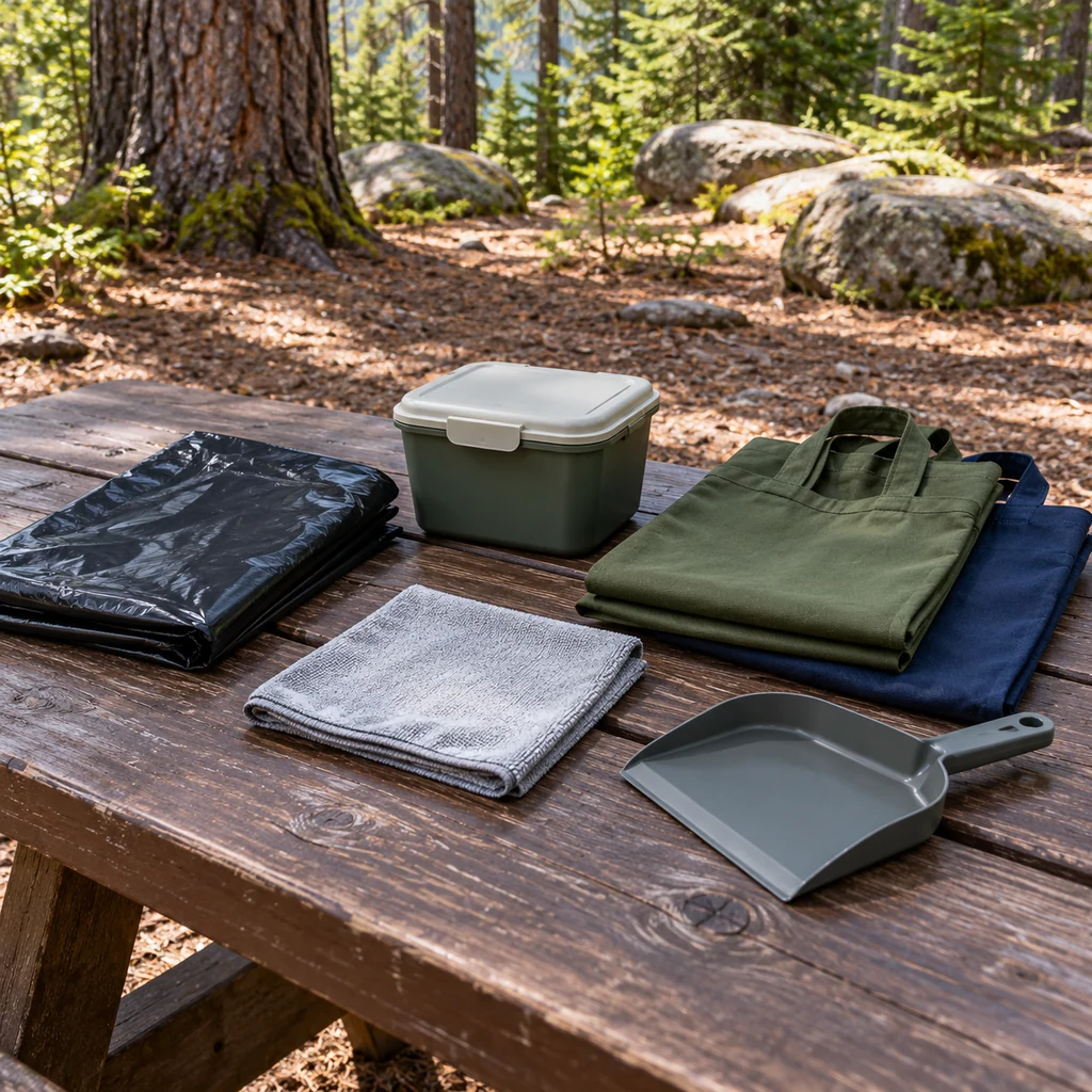 Reusable bags, sealed trash sack and compact campsite cleanup supplies