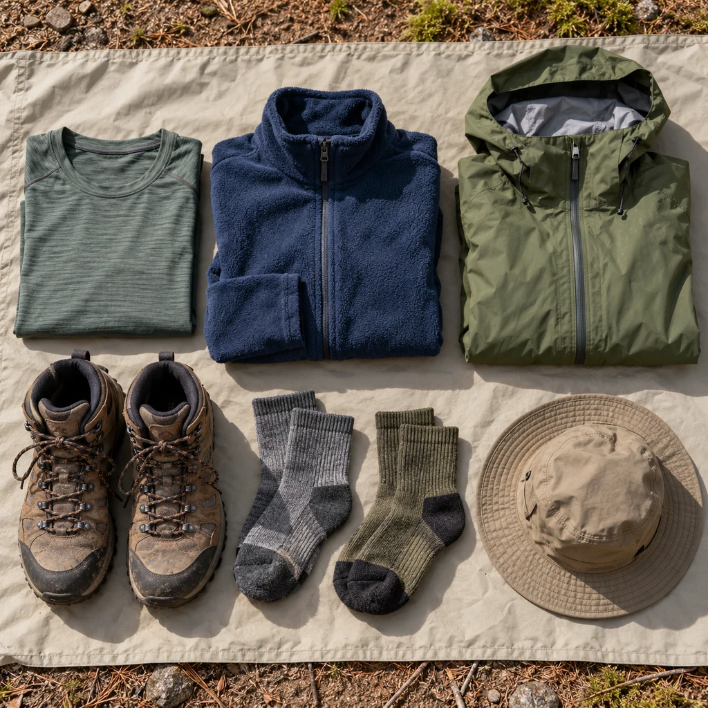 Layered outdoor clothing, rain jacket, hiking boots and socks laid out for camping