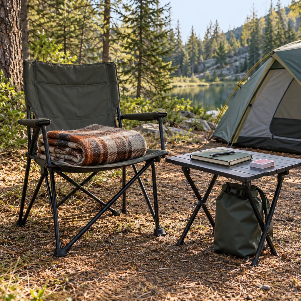 Folding camp chair, blanket, notebook and dry bag beside a tent