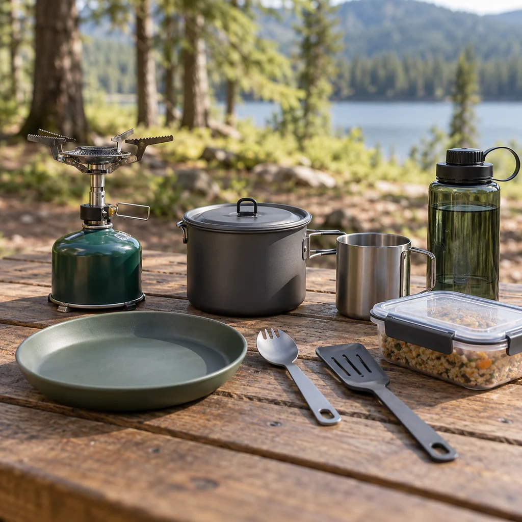Camp stove, fuel canister, pot, cups and reusable utensils on a camp table