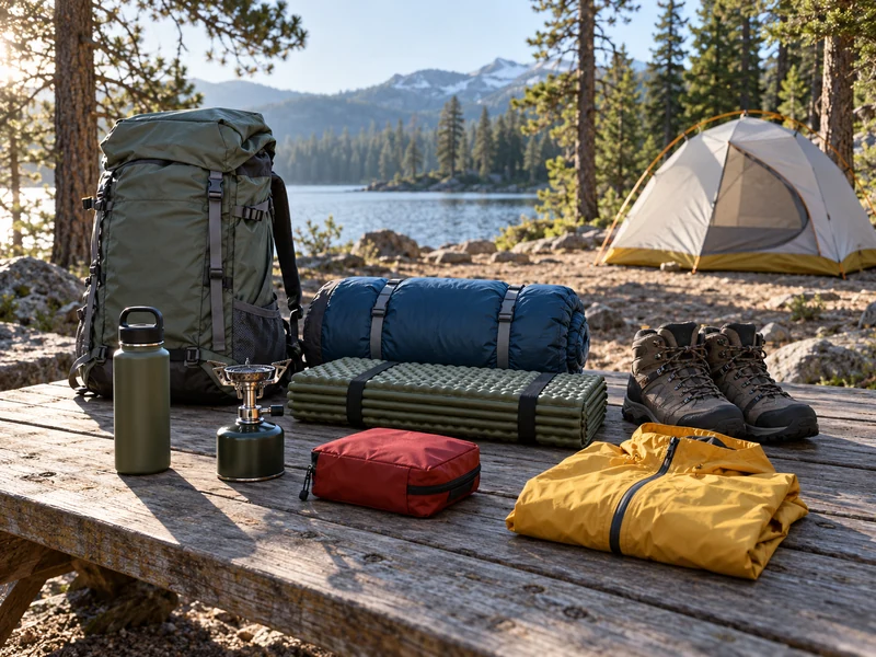 Organized camping equipment with backpack tent bedding boots stove and rain jacket