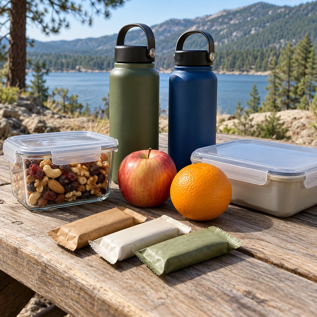 Trail mix, fruit, sealed meal containers and water bottles on a picnic table