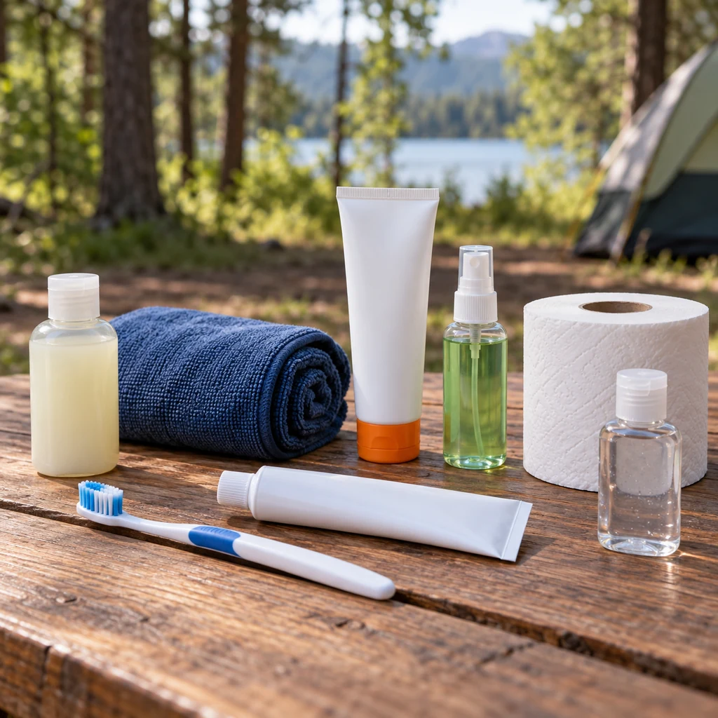 Toothbrush, towel, sunscreen, soap and toilet paper in a camping wash kit