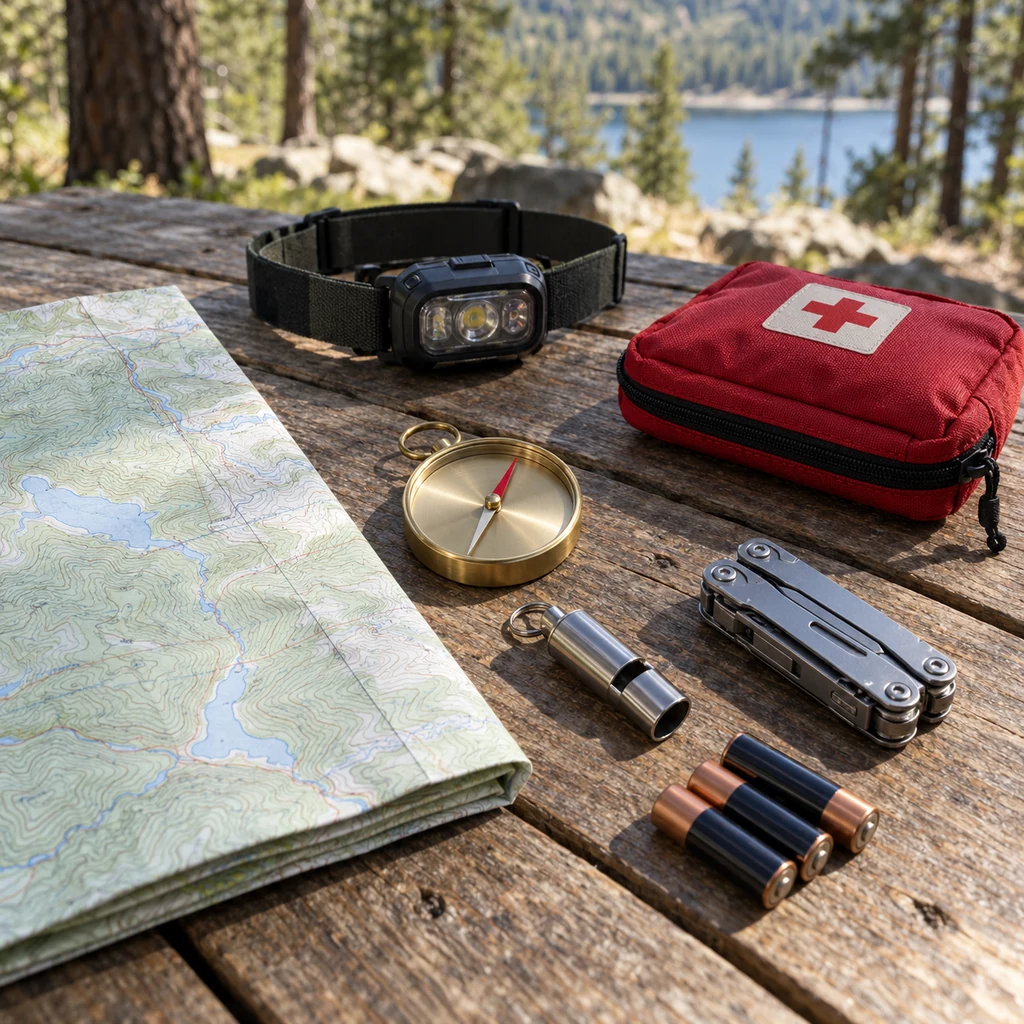 Map, compass, headlamp, whistle and first-aid pouch on a camp table