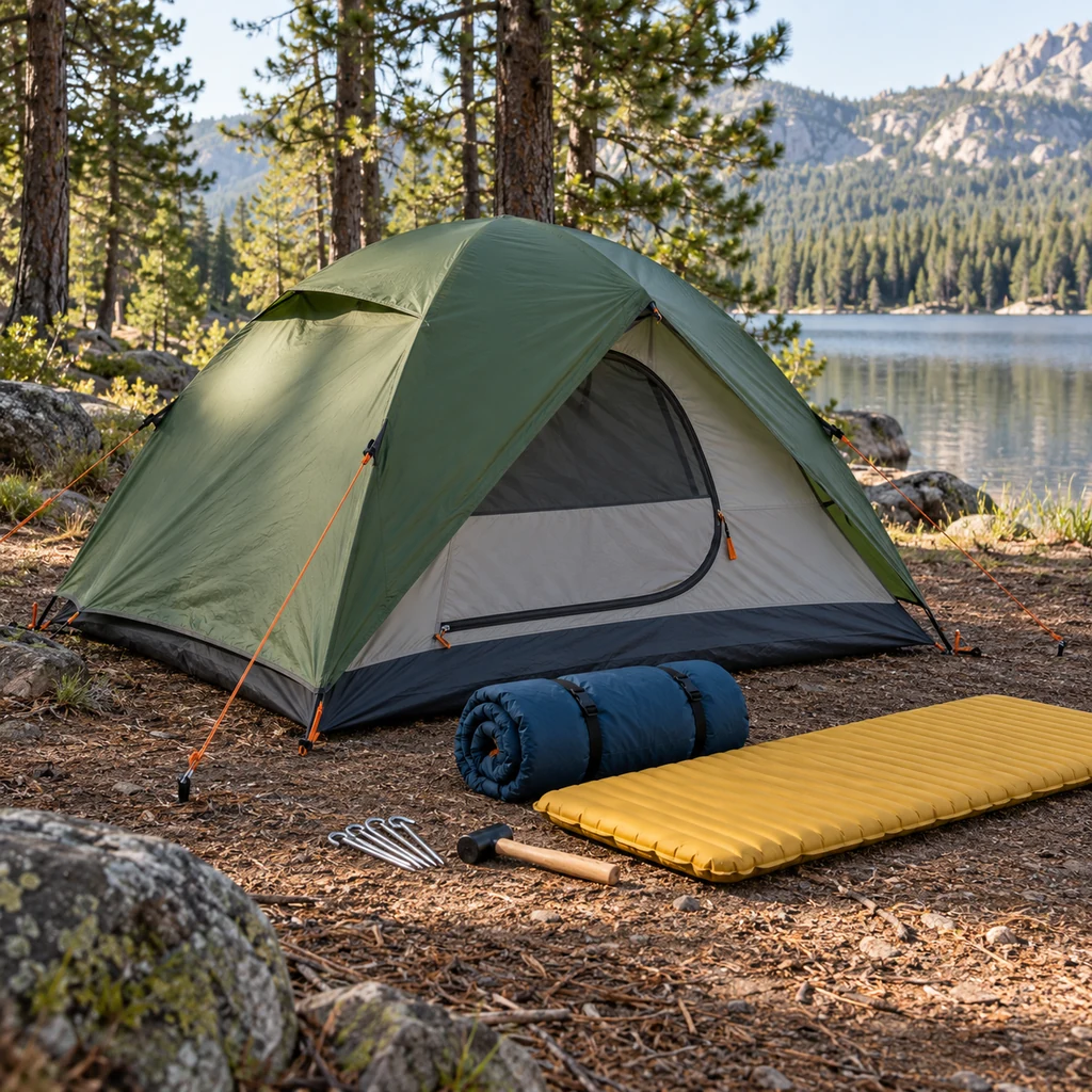 Tent, sleeping bag, sleeping pad and stakes arranged at a campsite