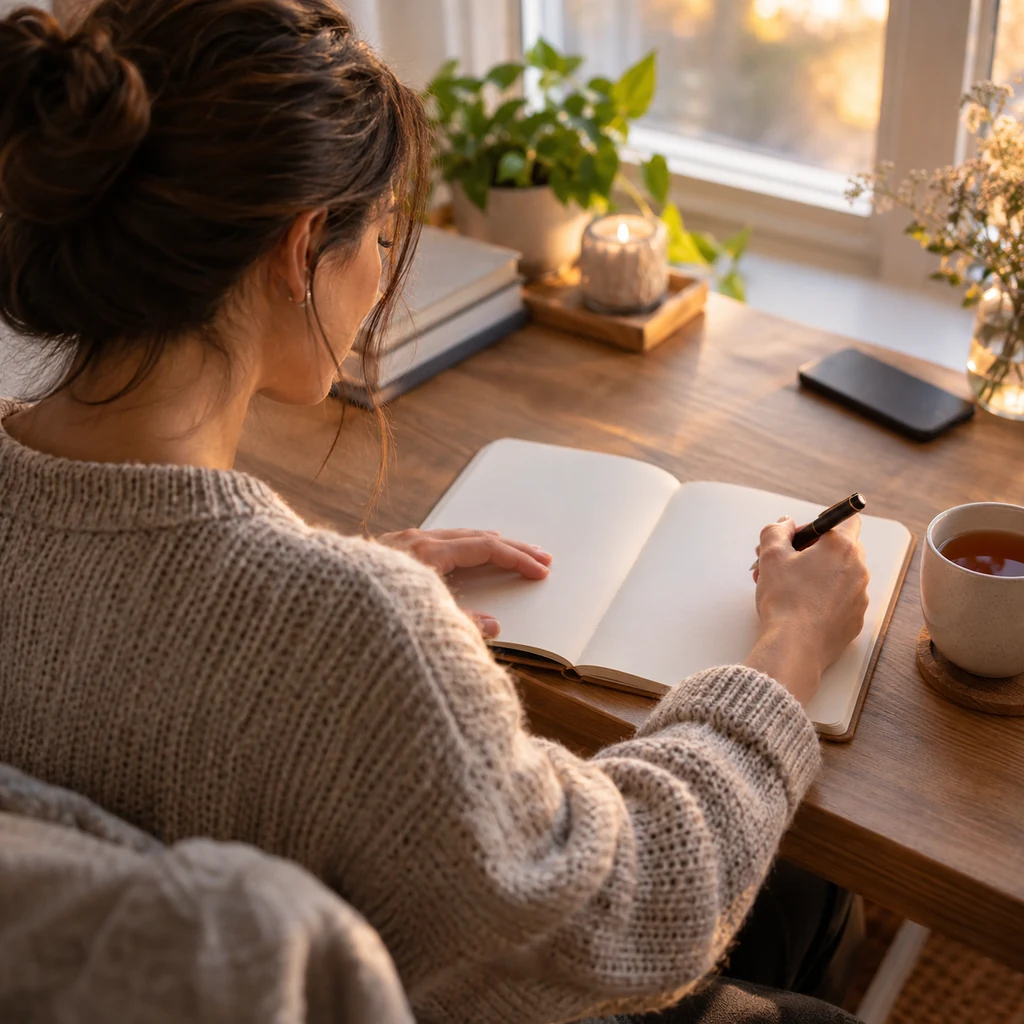 Woman writing in a blank notebook beside tea with her phone set aside