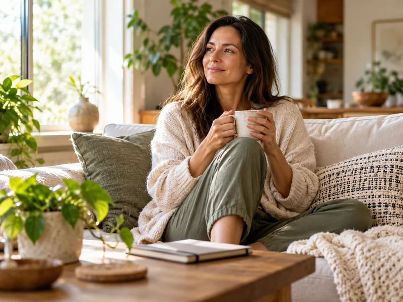 Woman taking a calm pause with a warm mug in a light-filled living room