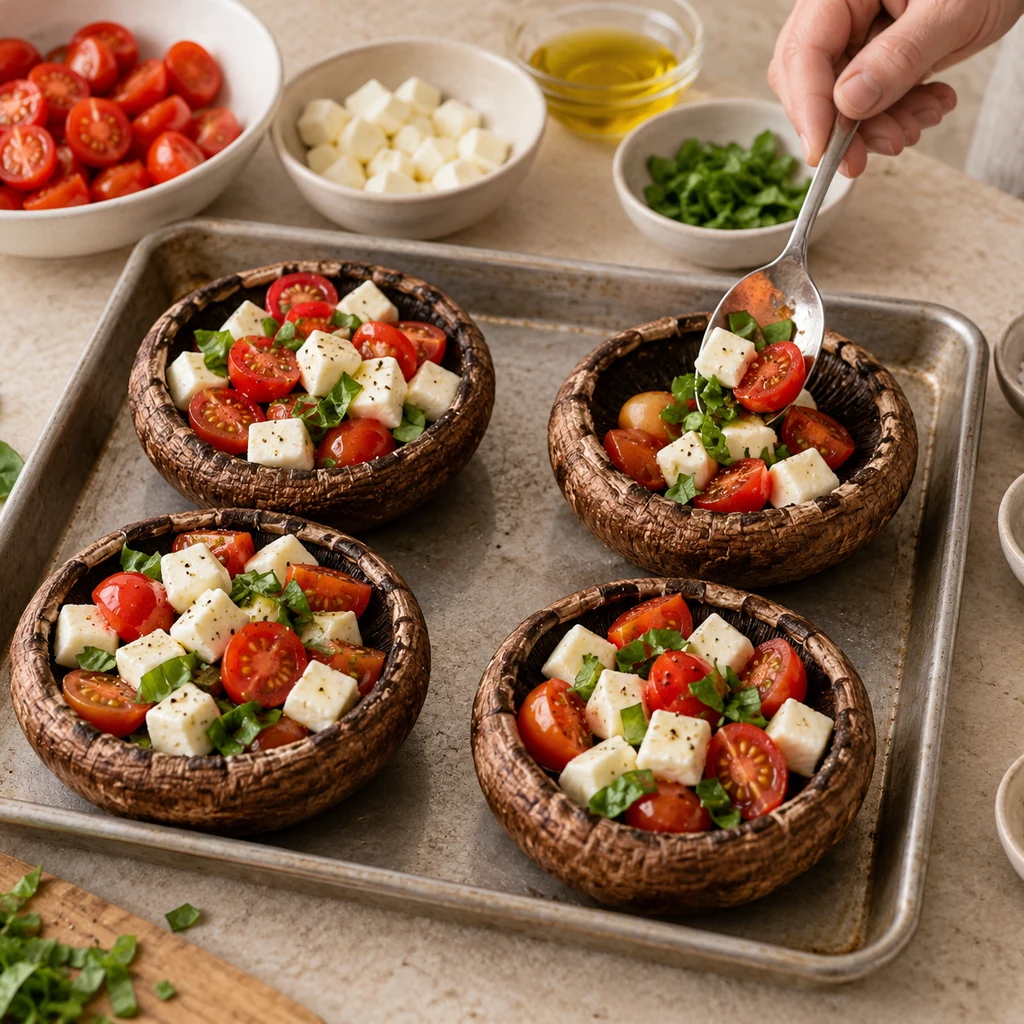 Four hollow portobello caps on a baking sheet being filled with uncooked mozzarella, tomatoes and basil
