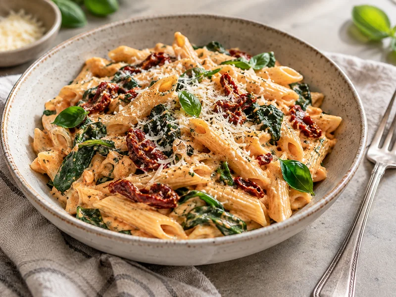 Finished creamy sun-dried tomato pasta with spinach, garlic, Parmesan and basil in a serving bowl
