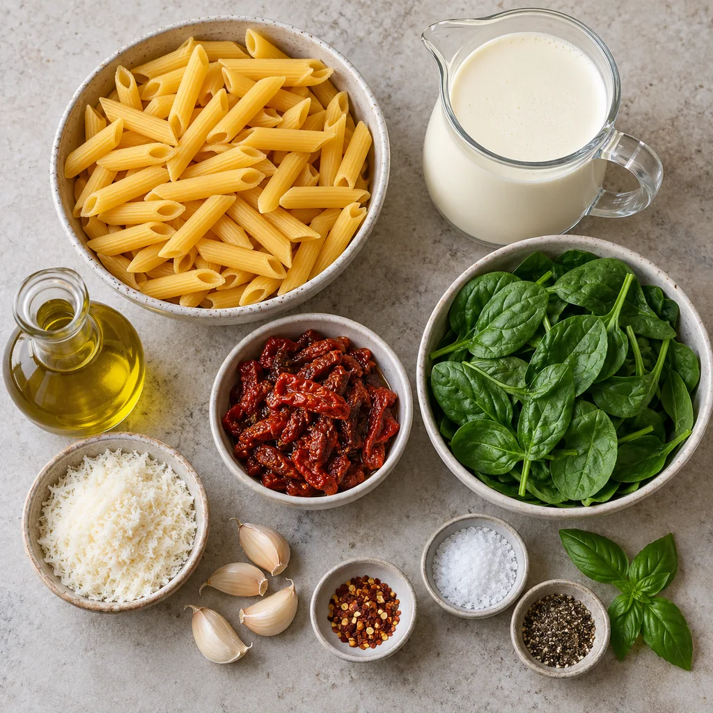 Dry penne, olive oil, garlic, sun-dried tomatoes, cream, spinach, Parmesan, seasonings and basil arranged separately
