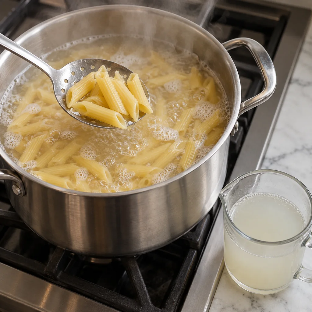 Penne pasta cooking in a large pot of boiling water with a mug of reserved pasta water nearby
