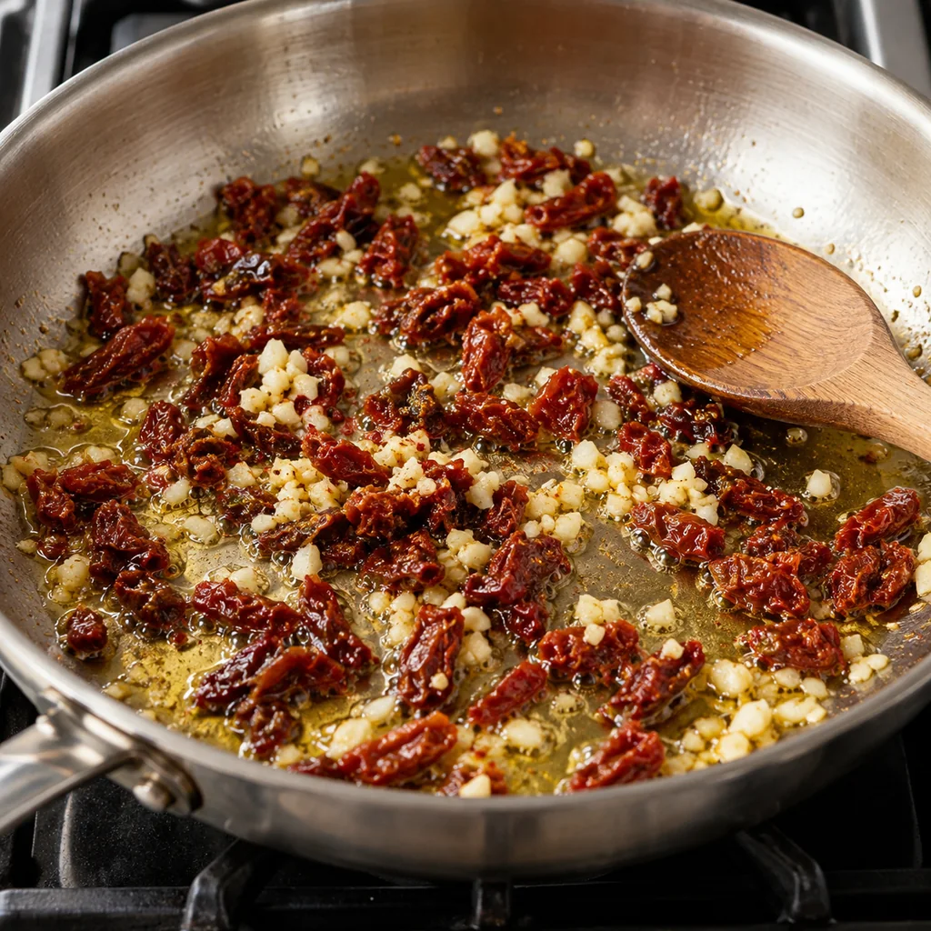 Minced garlic and chopped sun-dried tomatoes gently sizzling in olive oil in a skillet