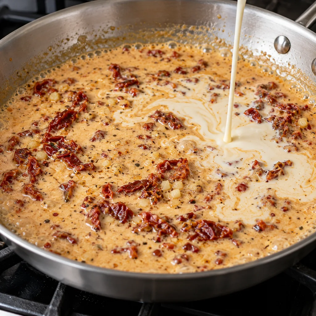 Cream blending into a gently simmering sun-dried tomato and garlic sauce in a skillet