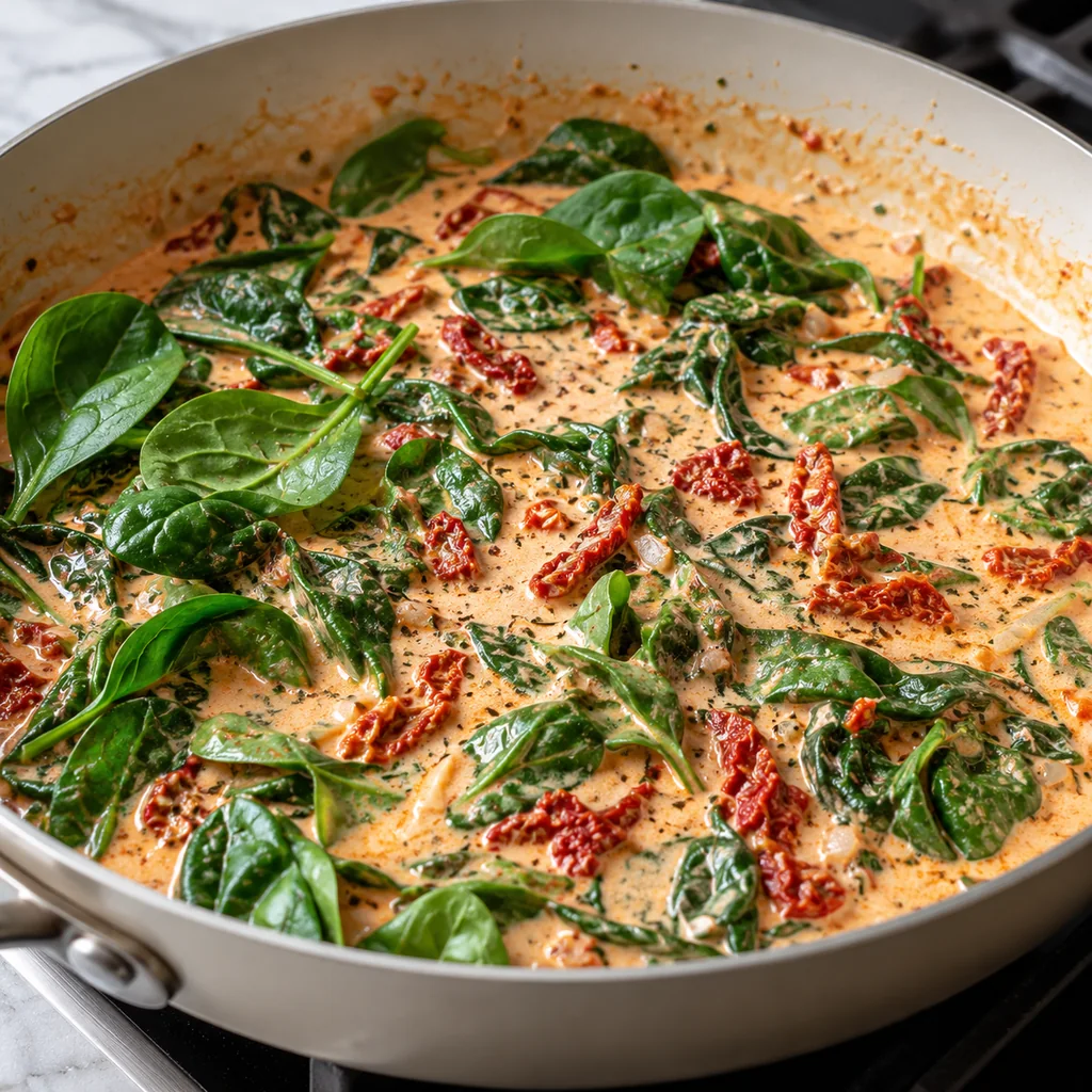 Fresh spinach leaves partially wilting into creamy sun-dried tomato sauce