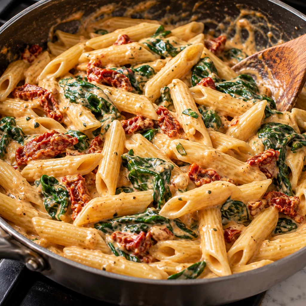 Cooked penne coated in creamy sun-dried tomato sauce with wilted spinach in a skillet