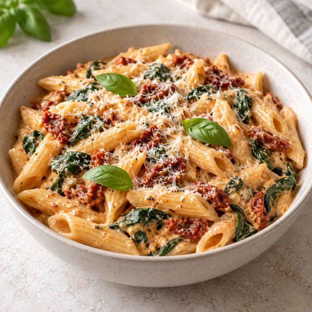 Finished creamy sun-dried tomato and spinach penne in a bowl with Parmesan and fresh basil