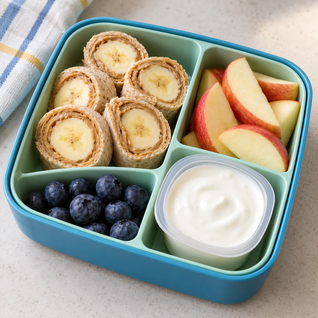 Sunflower seed butter and banana tortilla roll-ups with apple wedges, blueberries and yogurt in a lunchbox