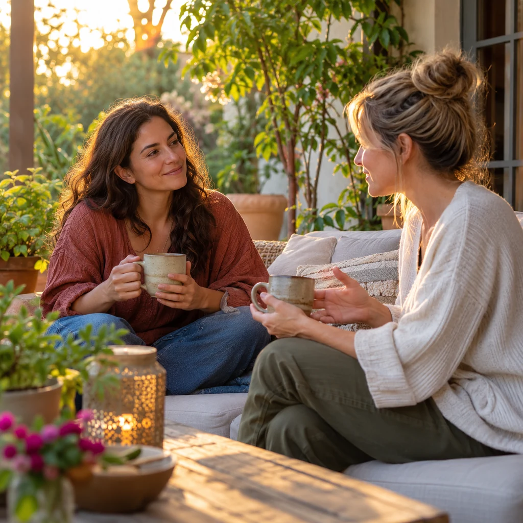 Two friends having a calm and supportive conversation on a garden patio
