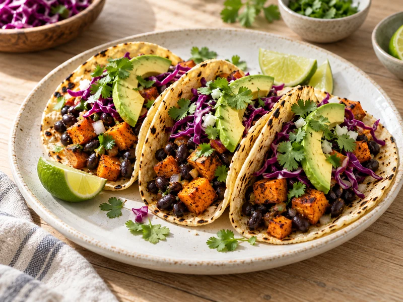Sweet potato and black bean tacos with red cabbage, avocado, cilantro and lime