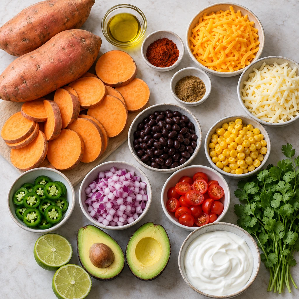 Sweet potatoes, olive oil, spices, cheese, black beans, corn, jalapeno, onion, tomatoes, avocado, cilantro, lime and yogurt