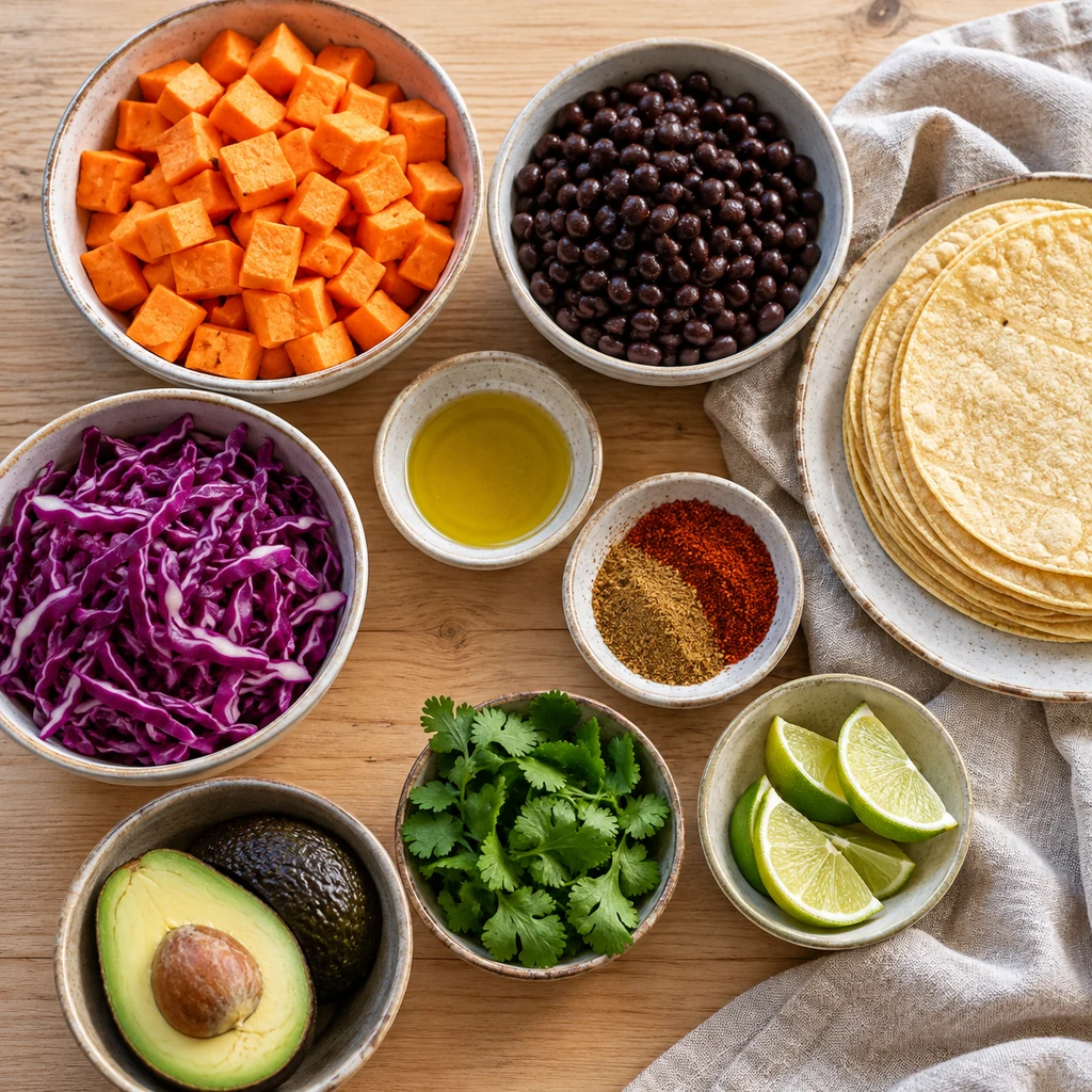 Diced sweet potato, black beans, tortillas, cabbage, avocado, cilantro, lime and spices