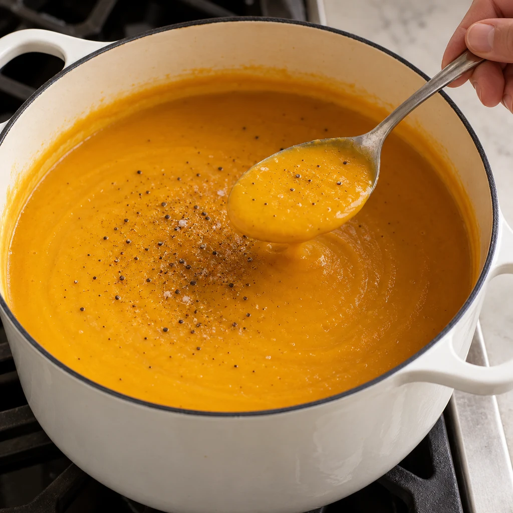 Smooth orange butternut squash soup being tasted with a spoon above the pot, with salt and pepper on the surface