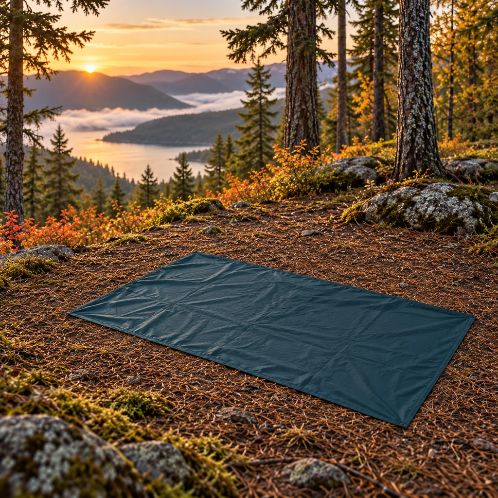 Dry raised forest campsite with a two-person tent footprint laid flat before pitching
