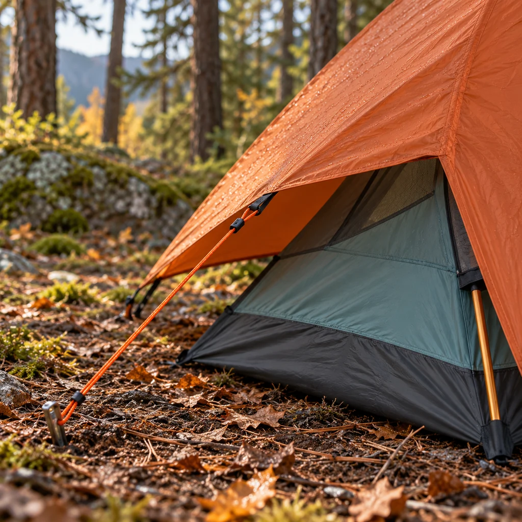 Taut orange rainfly guyline staked beside a teal inner tent with a visible air gap