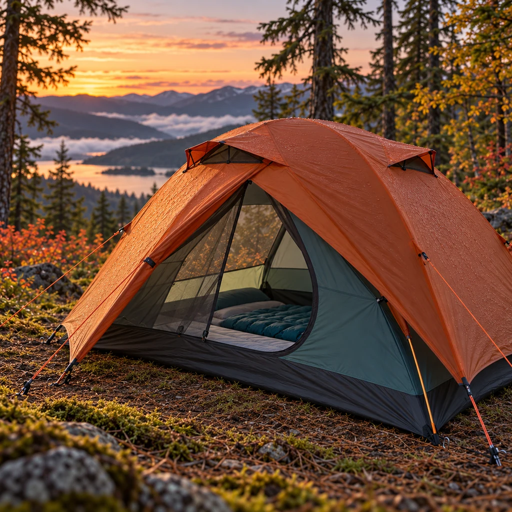 Two rain-shedding roof vents open on the orange fly of a double-wall tent