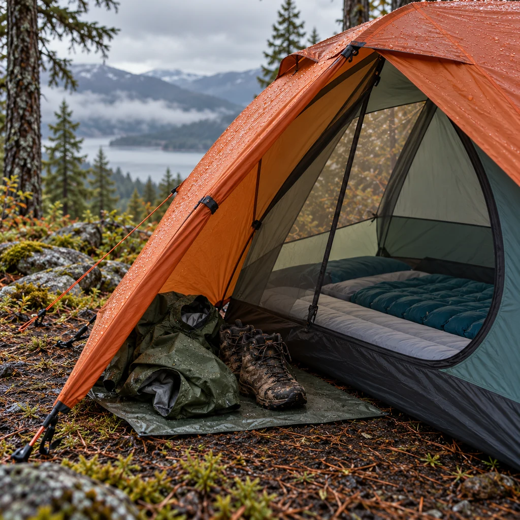 Damp rain jacket and muddy boot on a small groundsheet in the covered vestibule outside dry bedding