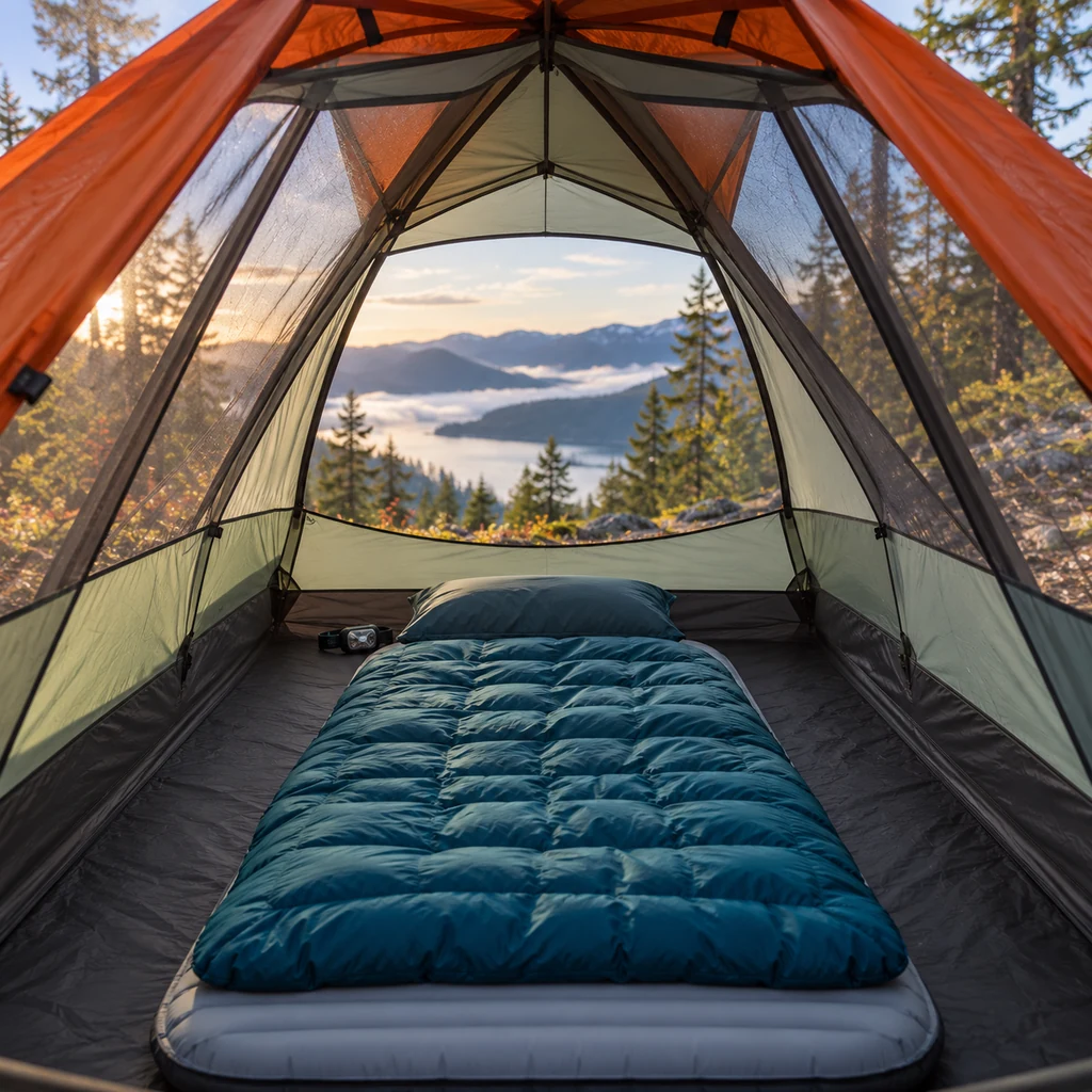 Dry teal quilt centered on a sleeping pad with clear space to the inner tent walls