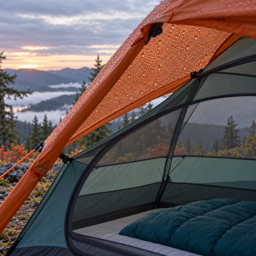 Morning droplets on the underside of an orange outer rainfly above a separate dry inner tent
